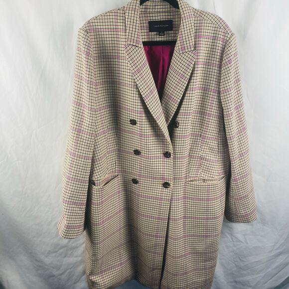 Ann Taylor Houndstooth Overcoat Jacket Cream Black Pink XXL Preppy Academia NWOT - Picture 8 of 12